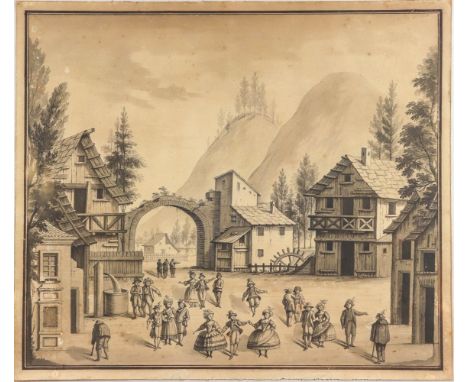 Unbekannter Zeichner (19. Jh.) Tanzende Festgesellschaft vor alpenländischer Dorfkulisse  Aquarell in Grisaille. 42×54 cm. (A