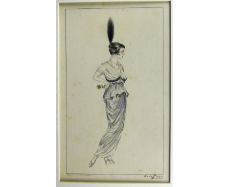 Possy, Bouly (um 1917) Parisienne Nr. 144  Modezeichnung einer Dame in weißem Kleid. Kohle mit Aquarell. Sign. Dat. 1917. Bet