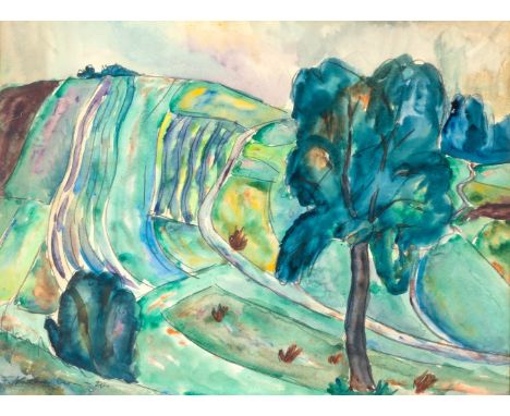 Nathanson, F. (um 1920) Hügellandschaft  mit Laubbaum und Strauch. Mit Bleistift sign. u. dat. Aquarell. 35×46 cm. R. (58284)