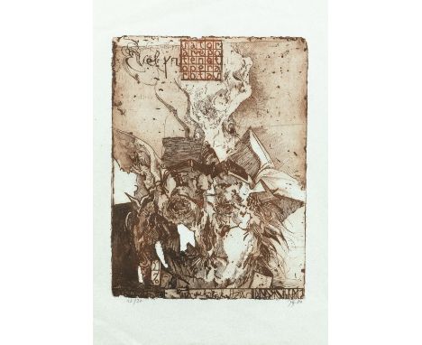 Janssen, Horst  (Hamburg 1929-1995) Selbst im magischen Quadrat  Evelyn 31.7.80. Radierung in Braun auf bläulichem Papier. Bl