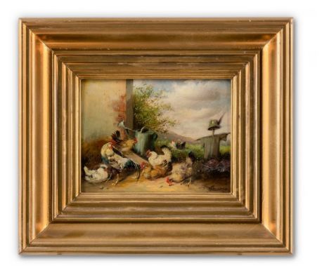 Hänger, Max  (München, 1898-1961) Zwei Hühnerhof-Gegenstücke  a) Hühner zwischen Gießkanne und Vogelscheuche. b) Hühner am He