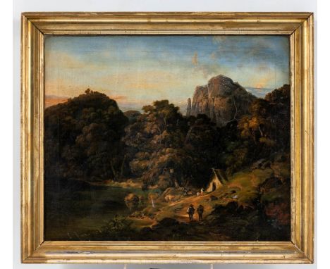 Monogrammist E. v. d. O. (A. 19. Jh.) Harzlandschaft mit Ilsenstein  Im Tal Wanderer und Köhlerfamilie. Monogr. E. v. d. O. p