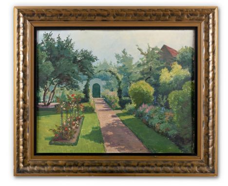 Eplinius, Willi (Werder, Potsdam 1884-1966) Blick in einen sommerlichen Garten mit Rosenstöcken,  blühenden Rabatten und Torw