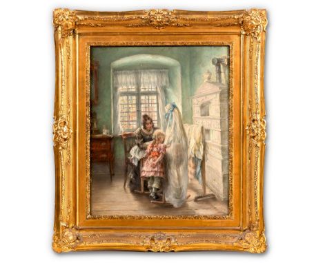 Piltz, Otto  (Allstedt, Pasing/München 1846-1910) "Mutterfreuden"  Interieurszene mit junger, an der Wiege sitzenden Mutter u