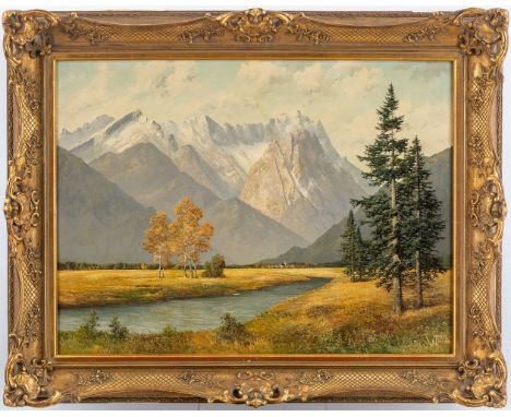 Meyer (München, 20. Jh.) Zugspitzmassive  Blick auf Garmisch-Partenkirchen. Sign. u. Ortsbez. Öl auf Lwd.  60×80 cm. R. (4878