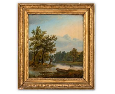 Deutsch (M. 19. Jh.) Flusslandschaft mit Kahn und Reuse  Unbez. Öl auf Lwd. 26×22,5 cm. (Krakelee). R. (59724)