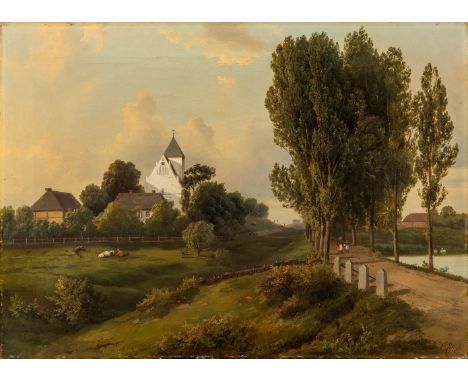Peters, Bernhard (Anklam 1817-1866) Blick auf Marienkirche und Pfarrhaus von Ziethen bei Anklam  Sign. u. dat. 1856. Öl auf L