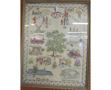 A Crystal Palace Festival of Britain needlework and a Lucienne Day print on fabric 'Flower Show'