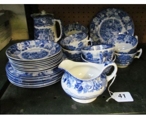 A Woods ware blue and white tea service eight cups, saucers, plates and a milk jug and a George Jones Abbey hot water jugslig