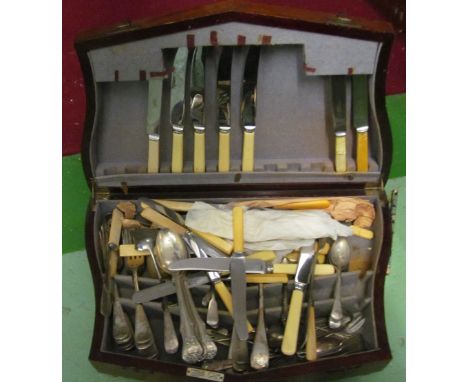 Various plated cutlery, a Gladwin Ltd mahogany canteen box and a plated chamber stick