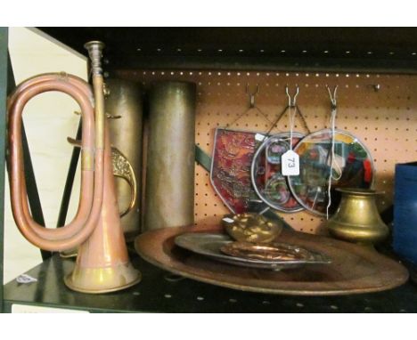 Three stained glass hangers and other heraldic items, bugle, sword handle candlestick et cetera