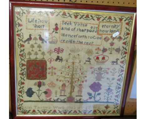 A 19th Century sampler with verse, Adam and Eve figures by tree, birds, animals and flowers by Ann Taylor 1802