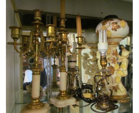 A pair of gilt and alabaster five branch candlesticks, pair of table lamps with drop lustres and a porcelain cherub lamp (a/f