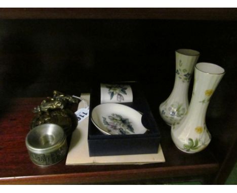 A two part set Royal Worcester, two other vases, pewter candlestick and brass door knockers