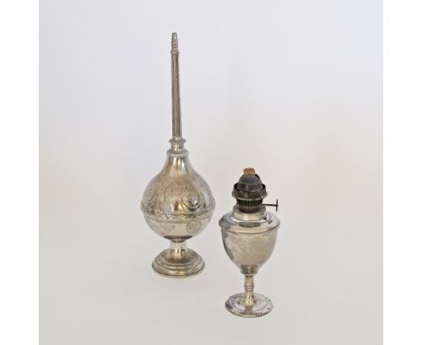 A Turkish plated rose water bottle H31cm and an Austrian Ditmar oil lamp (missing the chimney) H18cm, c19th century. (2)
Prov