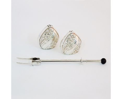 A French repousse silver 0.925 pair of salt &amp; pepper marked 'shine' together with a silver pickle fork, unmarked. Total w