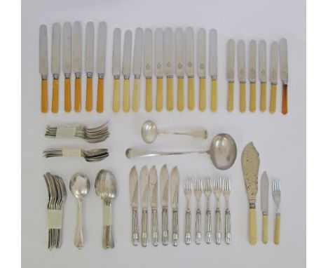 A collection of cutlery comprising 22 knives with bone handles, 19 forks, 11 spoons, 6 serving spoons, 6 fish knives &amp; 6 