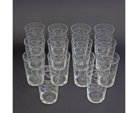 Fourteen etched vintage water glasses c1960s. H105mm. One chip to the rim. (14)
Provenance: Dr. Takis K. Evangelides and Mrs 
