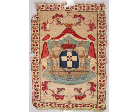 A Greek tapestry enclosing the coat of arms of the Kingdom Greece. Date in use:1863–1973. Also created in 1863, used as a sim