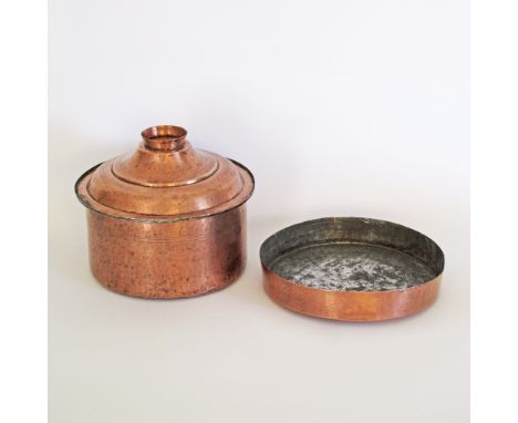 A large copper cauldron with lid, tin lined, with impressed mark to base W33cm, and a Cypriot copper pan, tin lined W33cm. (3
