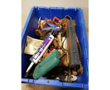 A BOX OF ASSORTED TOOLS INC BLACK AND DECKER JIGSAW HAMMERS ETC