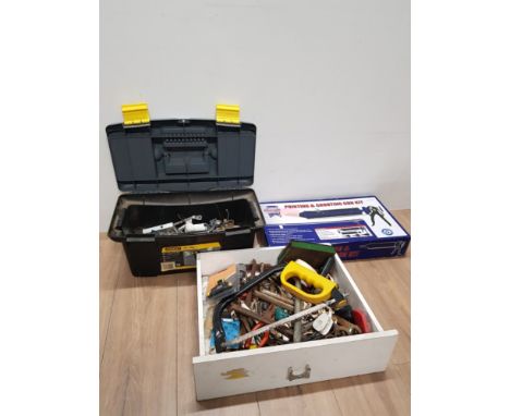 A TOOLBOX WITH CONTENTS TOGETHER WITH A BOX OF TOOLS AND A POINTING AND GROUTING GUN ETC