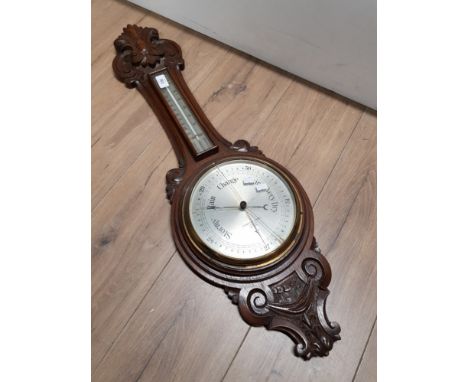 CARVED OAK BAROMETER  GLASS CRACKED ON WEATHER FACE