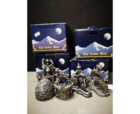 FOUR TUDOR MINT MYTH AND MAGIC FIGURINES INCLUDING THE MAGICAL BOX AND THE DRAGON OF WISDOM