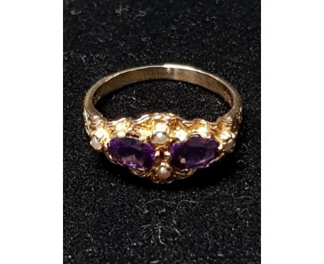 9CT GOLD AMETHYST AND PEARL RING SIZE L1/2 GROSS WEIGHT 2.3G