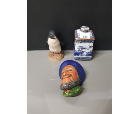 AYNSLEY ADELIE PENGUIN PLUS BOSSONS HEAD PLAQUE AND RINGTONS TEA CADDY