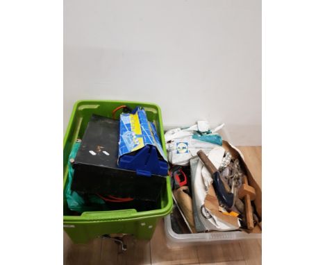 2 BOXES OF ASSORTED TOOLS INC TILE CUTTERS ETC