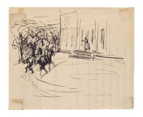 Max Liebermann.  (1847 - 1935 Berlin). Ankunft des Majors und seines Dieners, zu Pferde, auf dem Schloßhof; Hilarie auf der S