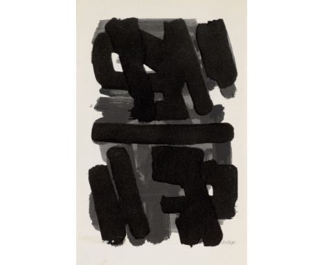 Pierre Soulages.  (1919 Rodez - 2022 Nimes). o.T. (1957). Lithographie auf Velin. 15 x 10 cm (22 x 13 cm). Im Stein signiert.