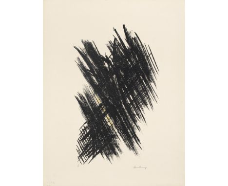 Informel Hans Hartung (1904 Leipzig - 1989 Antibes)L 13. (1957). Lithographie in Schwarz und Gelb auf BFK Rives (mit Wasserze