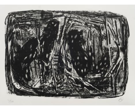 Markus Lüpertz.  (1941 Liberec -  lebt in Berlin u. Düsseldorf). Komposition räumlich. 1980. Lithographie auf chamoisfarbenem