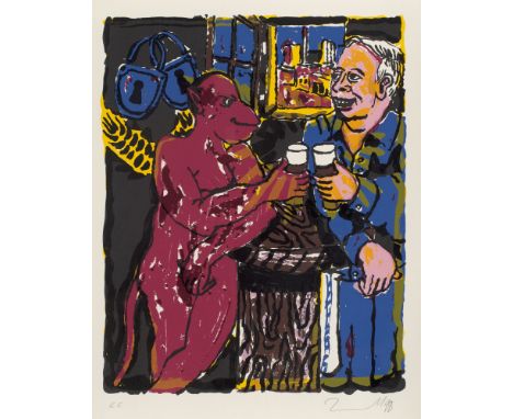 Jörg Immendorff.  (1945 Bleckede - 2007 Düsseldorf). Trinkeraffe. 1998. Farbserigraphie auf cremefarbenem Velin. 50 x 39,5 cm