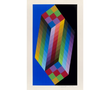 Victor Vasarely.  (1906 Pécs - 1997 Paris). Torony. 1988. Farbserigraphie auf chamoisfarbenem Velin. 90 x 49,5 cm (101 x 65 c