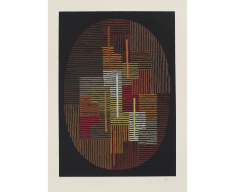 Adolf Fleischmann.  (1892 Esslingen - 1968 Stuttgart). o.T. Farbserigraphie auf chamoisfarbenem Vélin. 64 x 45 cm (86 x 59,5 