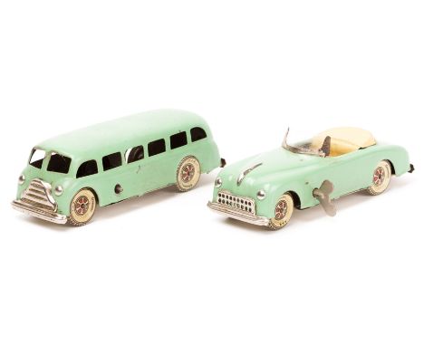 2 seldom seen early 1950s clockwork Italian Alemanni F.A.B. tinplate vehicles. A single deck coach and a convertible tourer. 