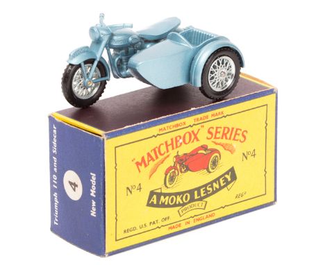 Matchbox Series No.4 Triumph T110 Motorcycle and sidecar. In light metallic blue with silver spoked wheels and black plastic 