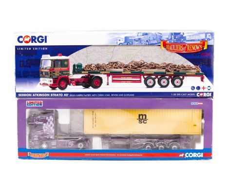 2 Corgi 1:50 scale trucks. A Seddon Atkinson Strato 325 tractor unit with a flatbed semi-trailer with chain load. In the red 