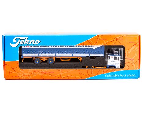 A recent issue Tekno 1:50 scale truck. A Scania 141 2-axle tractor unit with a 2-axle curtainside trailer in the white, blue 