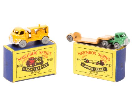 2 Matchbox Series. A No.27 Bedford Low Loader (78mm) with Green tractor unit with silver detailing and tan trailer, both with