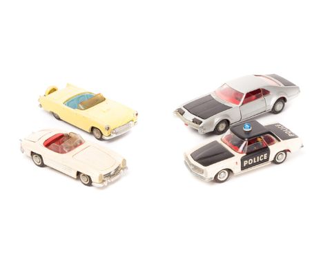 4 Tekno cars. A Mercedes Benz 300L (925) in cream with red interior, Mercedes Benz 230SL (932) in black and white police live