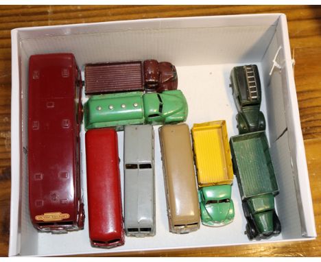 9 Dinky Toys. Maudsley British Railways horse box, Leyland Royal Tiger in red with silver flash. Observation Coach in grey wi