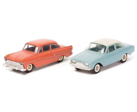 2 Tekno Ford Taunus 2-door saloon cars. A late 1950’s 17M (823) in salmon pink and a later early 1960’s example (826) in a gr