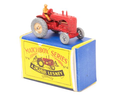 Matchbox Series No.4 Massey-Harris Tractor. In red with gold engine and wheel centres, tan driver, with mudguards, with grey 