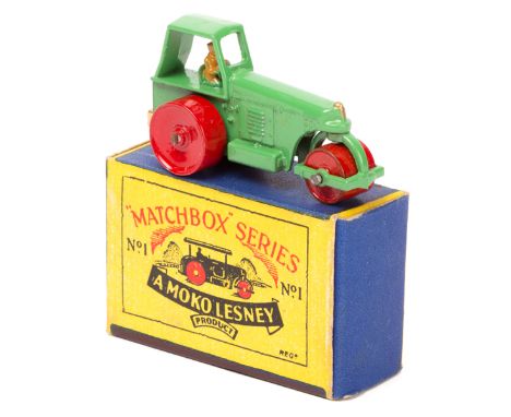 Matchbox Series No.1 Diesel Road Roller. A 2nd type casting Aveling-Barford in light green with high peaked canopy and red me