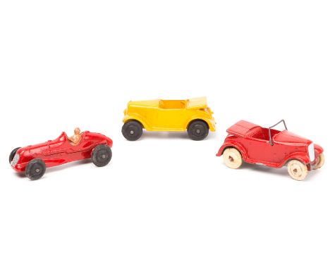 3 Dinky Toys. A single seat Midget Racer (35b) in red with silver grill, black rubber wheels and brown driver. Together with 