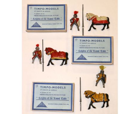 3 Timpo mounted Knights of the Round Table. KN70 Sir Lancelot, in red/yellow livery. KN73 Sir Gareth in yellow/black livery a